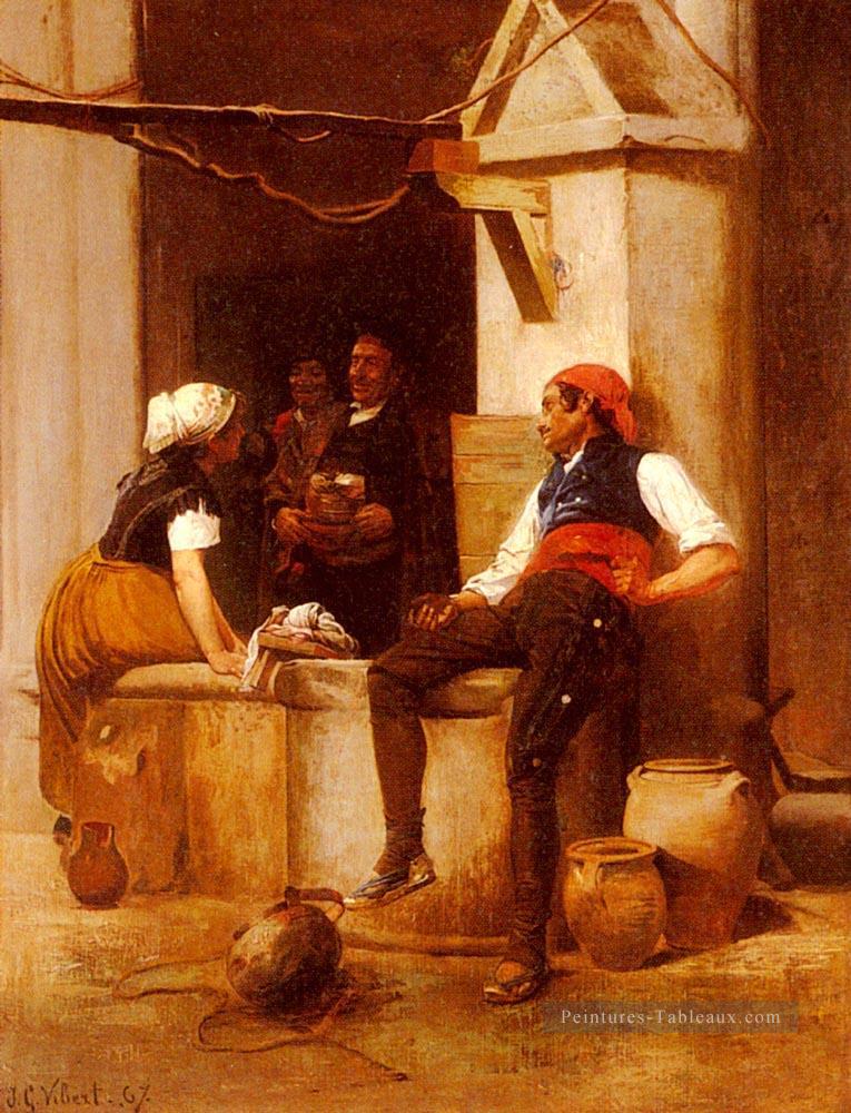 Vibert Jean Georges Conversation à la fontaine Émile Vernon Peintures à l'huile